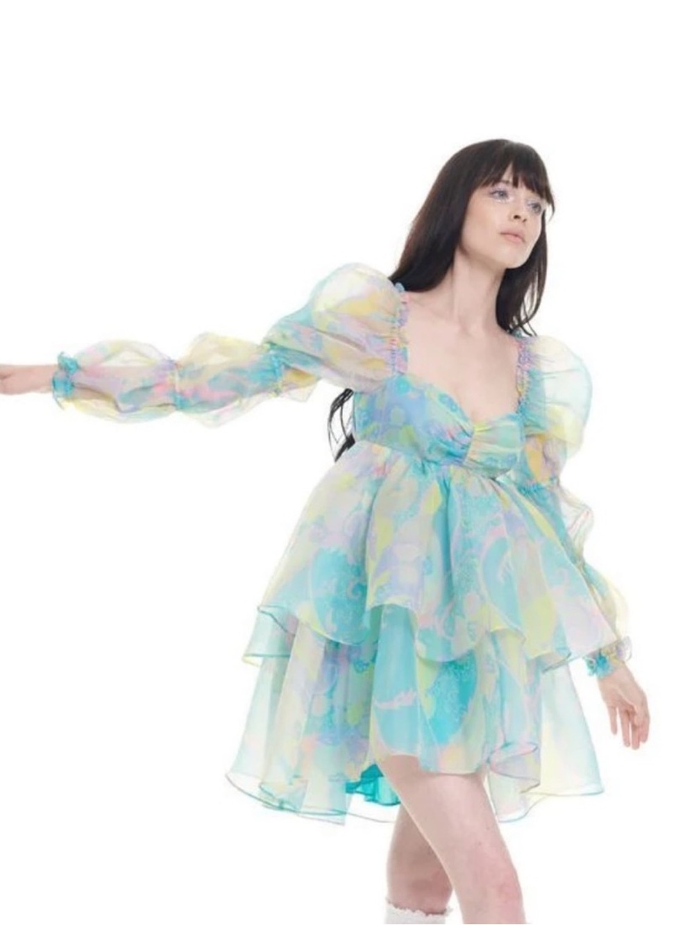 Selkie Puff Sleeve Organza Mini Dress Size 2X Colorful Vibrant Print